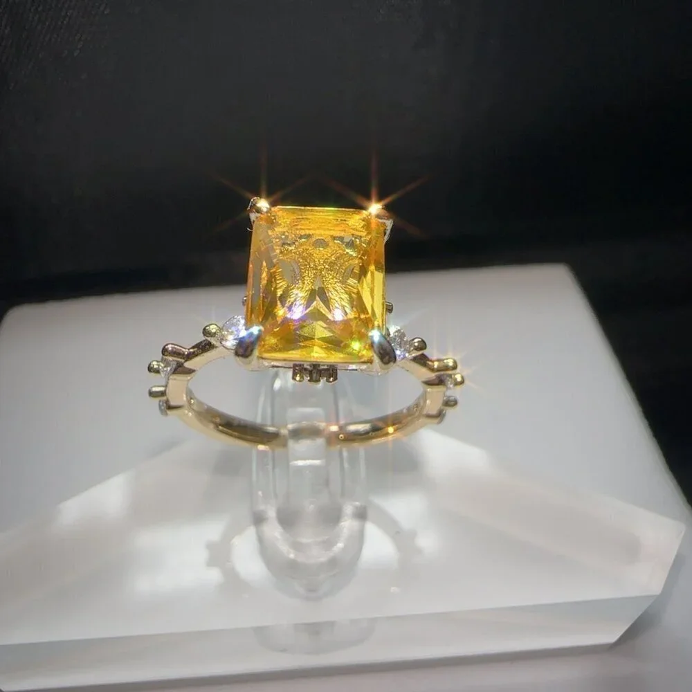 Crystal Gemstone Ring Yellow Radiant Cut Gold Plated Size 7